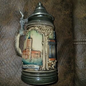 10" GERMAN BEER STEIN 95% ZINN LID - SIGNED AF & TRIANGLE MAKER'S MARK - BERLIN